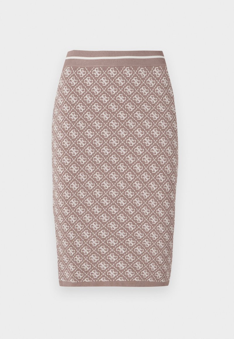 Jupe crayon en tricot couleur marron clair avec un motif crème, dotée d'une taille côtelée avec une ligne contrastante. Texture lisse.
