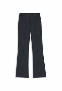 Dunkelgraue, gestreifte Hose mit weit auslaufendem Bein, ausgestattet mit zwei Fronttaschen und zwei Knöpfen am Bund. Weiche Textur.