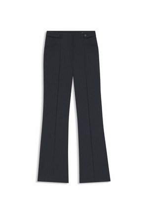 Pantaloni a righe grigio scuro con design a gamba svasata, dotati di due tasche frontali e due bottoni in vita. Texture liscia.