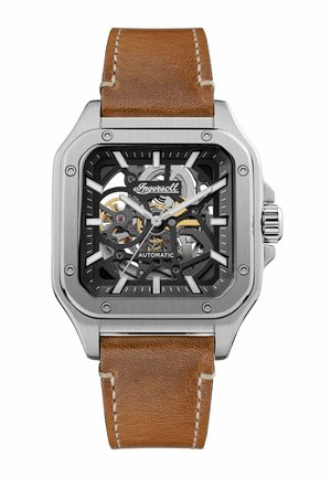 Square automatic watch with a stainless steel case, black skeletal dial, and brown leather strap. Features intricate gears and silver accents.