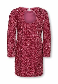 Fuksija haljina sa šljokicama, dugim rukavima, okruglim izrezom i detaljem u obliku ključa na leđima. Tekstura je potpuno prekrivena sjajnim šljokicama.