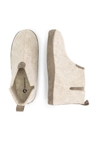 Vilt enkellaarsjes in lichtgrijs met een tan suede accent, beschikken over een lusvormige trekstang en open zijkanten voor gemakkelijk aan- en uittrekken, met een gestructureerd oppervlak.