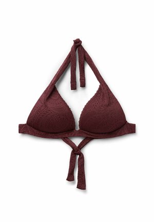Haut de bikini bordeaux à col licou avec texture paisley, bonnets rembourrés et attaches au cou et dans le dos sur fond blanc.