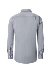 Szara koszula z długim rękawem, posiadająca mankiety na guziki, klasyczny kołnierzyk, subtelną teksturę oraz zaokrąglony dół. Widok z tyłu ukazuje detale na ramionach.