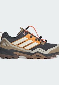 Το υπαίθριο παπούτσι Terrex διαθέτει μαύρο και μπεζ επάνω μέρος από δίχτυ, πορτοκαλί λεπτομέρειες, υφασμένο πέλμα με εξογκώματα για πρόσφυση και σήμανση GORE-TEX.