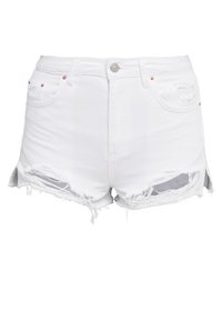 Shorts de mezclilla blanca con un aspecto desgastado, con dobladillos deshilachados, dos bolsillos y cierre de botón. Diseñados para un estilo casual.