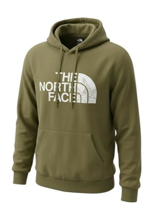 Felpa verde oliva con cappuccio, tasca frontale e logo bianco "The North Face" con design stilizzato di montagna.