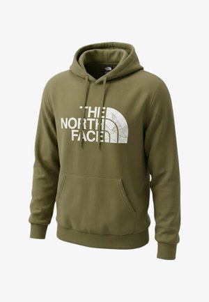 Felpa verde oliva con cappuccio, tasca frontale e logo bianco "The North Face" con design stilizzato di montagna.