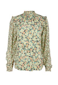 Blusa a maniche lunghe in tessuto leggero, con stampa floreale di fiori gialli e arancioni su uno sfondo verde scuro. Collo arricciato.