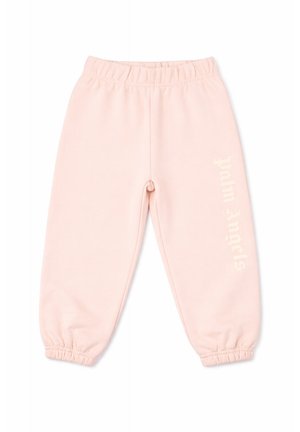 Pantaloni della tuta rosa chiaro con vita elastica e polsini elastici, con testo in corsivo leggero "palm angels" sulla gamba destra.