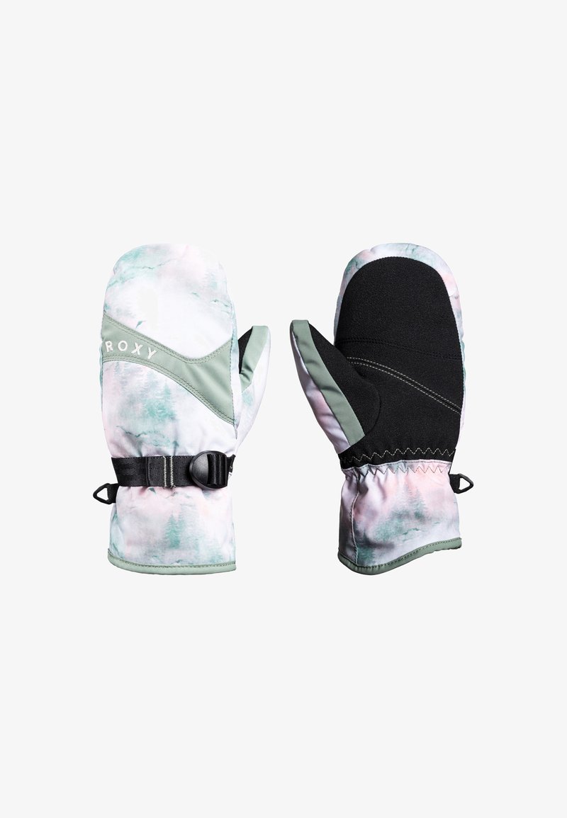 Roxy rukavice s mnohobarevným vzorem v pastelových zelených a růžových tónech, černými dlaněmi, nastavitelným zápěstním popruhem a elastickými manžetami.