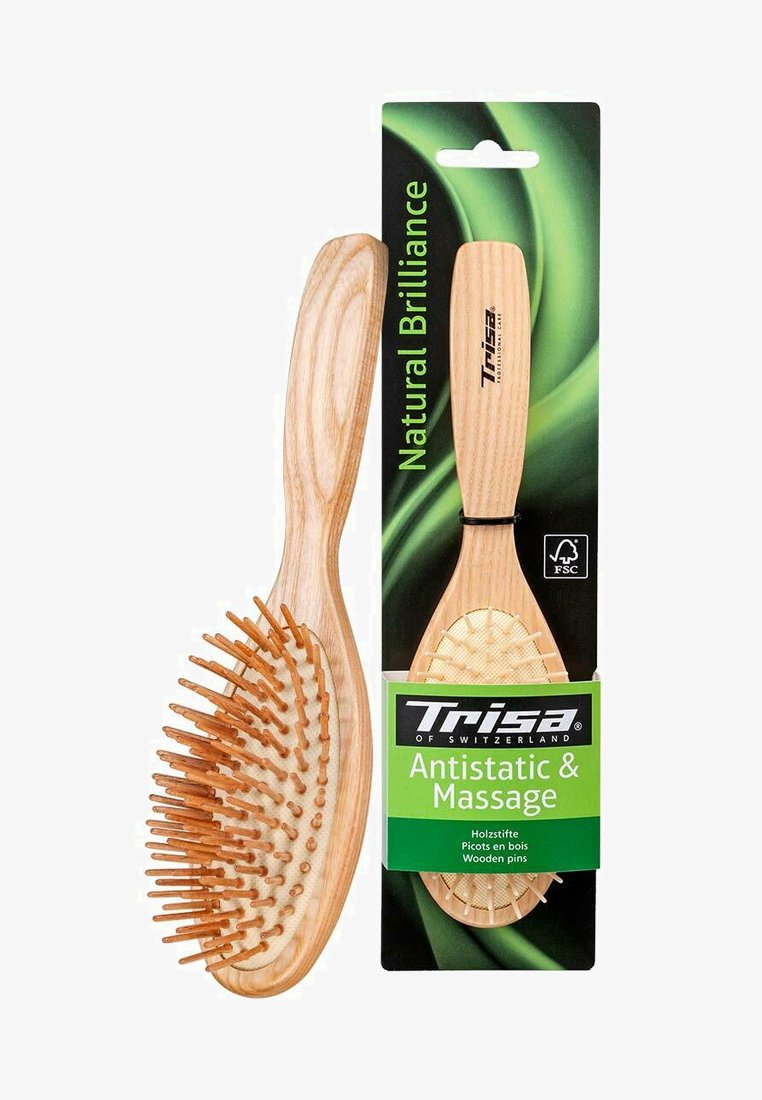 Holzbürste mit ergonomischem Griff, ausgestattet mit antistatischen Holzstiften und einer strukturierten Basis. Verpackt mit grünem und schwarzem Branding.