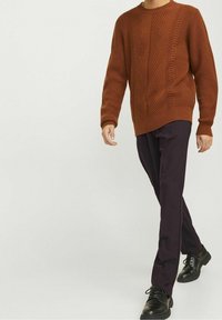 Suéter marrón de punto con un patrón texturizado, combinado con pantalones morados oscuros y zapatos negros con cordones, creando un atuendo en capas.