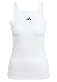 Canottiera sportiva bianca realizzata in materiale leggero con un design aderente. Presenta spalline sottili e un logo nero sul petto.