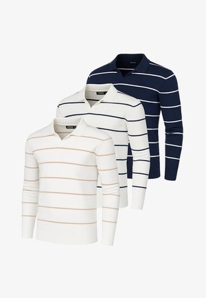 Drei langärmelige Poloshirts in Marineblau, Weiß mit schwarzen Streifen und Weiß mit beigen Streifen, in einer versetzten Reihe angeordnet.