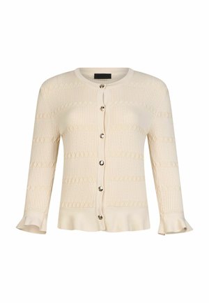 Cardigan lavorato a maglia color crema con motivo geometrico testurizzato, scollo rotondo, bottoni dorati sul davanti e polsini e orlo arricciati.