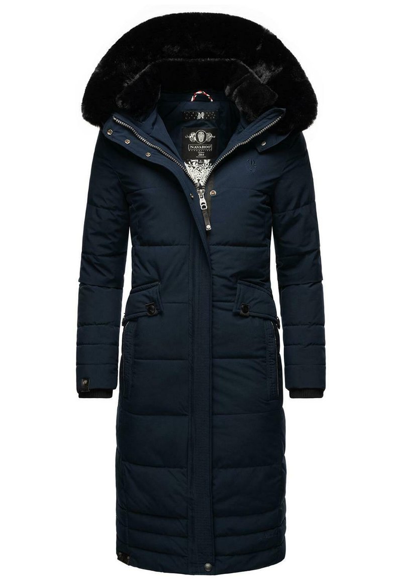 Navy blue long puffer coat with a fur-lined hood, zippered front, two front pockets, and ribbed cuffs. Features a quilted design and logo tag.
