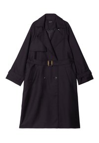 Sort trenchcoat med dobbeltknappet front, bæltet talje, brede revers og to sidelommer. Fremstillet af glat, slidstærkt stof.