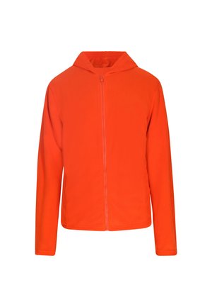 Oranssi vetoketjullinen takki hupulla. Ominaisuuksiin kuuluu sileä, pehmeä pinta ja pitkähihaisuus. Yksinkertainen muotoilu, ei näkyviä koristeita tai kuvioita.