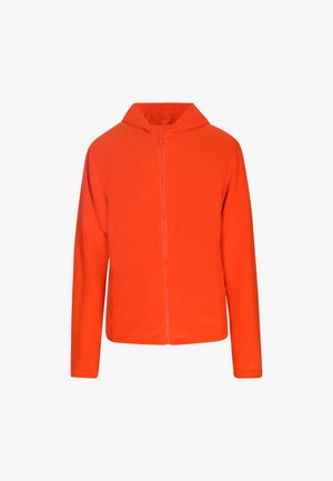 Pomarańczowa kurtka na zamek z kapturem. Charakteryzuje się gładką, miękką powierzchnią i długimi rękawami. Prosty styl, bez widocznych zdobień czy wzorów.