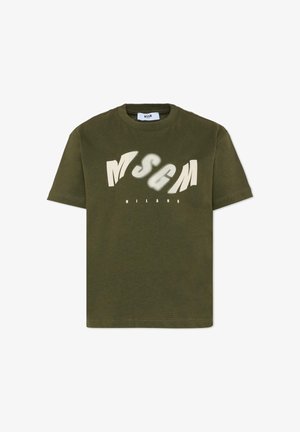 Olijfgroene katoenen t-shirt met korte mouwen en een ronde hals. Heeft een grote, gestileerde "MSCM MILANO" graphic in wit en lichtgrijs.