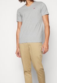 Grauer Baumwoll-T-Shirt mit kurzen Ärmeln und V-Ausschnitt, verziert mit einem kleinen roten Logo auf der Brust, kombiniert mit beigen Baumwoll-Chinos. Sauberer, lässiger Stil.