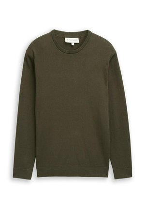 Maglione verde scuro a maniche lunghe con collo a giro. Realizzato in un tessuto liscio e morbido. Presenta polsini e orlo a costine. Design minimalista, senza motivi.