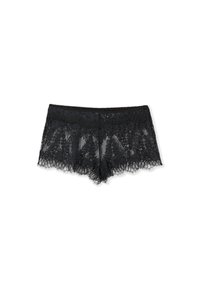 Shorts de encaje negro con bordes festoneados, con intrincados patrones florales y una textura suave y transparente. Cintura elástica para un ajuste ceñido.