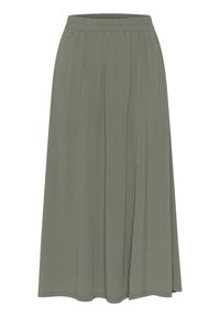 Olijfgroene midi-rok van zachte stof, met een elastische tailleband, geplooid ontwerp en een vloeiende silhoutte met een gladde textuur.