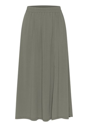 Jupe midi vert olive en tissu doux, dotée d'une taille élastique, d'un design plissé et d'une silhouette fluide avec une texture lisse.