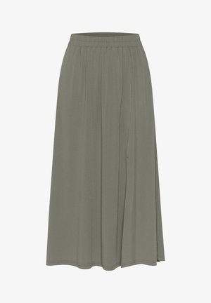 Oliwkowa spódnica midi wykonana z miękkiego materiału, z elastycznym pasem, plisowanym fasonem i zwiewną sylwetką o gładkiej fakturze.