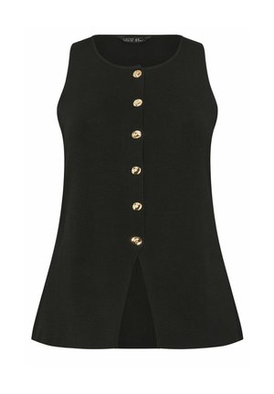Schwarzes ärmelloses Strickoberteil mit sechs goldenen Knöpfen entlang der Vorderseite und einem kleinen Schlitz am Saum vorne.