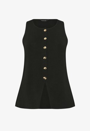 Schwarzes ärmelloses Strickoberteil mit sechs goldenen Knöpfen entlang der Vorderseite und einem kleinen Schlitz am Saum vorne.