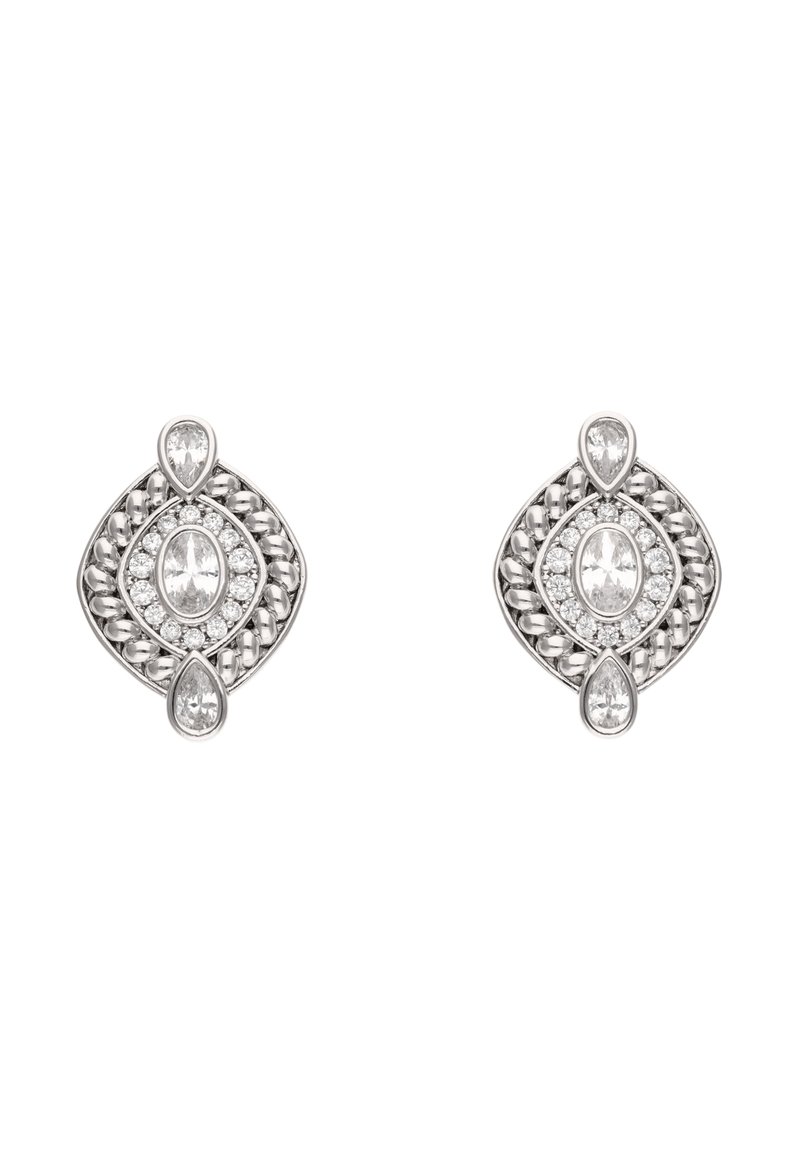 Srebrne naušnice s tkanim dizajnom, koje imaju ovalni središnji kamen okružen manjim okruglim i suzastim prozirnim kristalima.