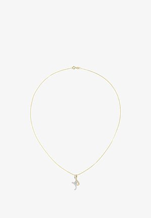 Zlata verižica s tanko verigo in podroben srebrn obesek v ukrivljeni, kačji obliki, okrašen z majhnimi dragimi kamni.