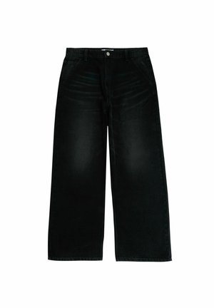 Weite schwarze Jeans mit hoher Taille, klassischem Fünf-Taschen-Design und Knopfverschluss sowie dezentem Verblassen auf dem Stoff.