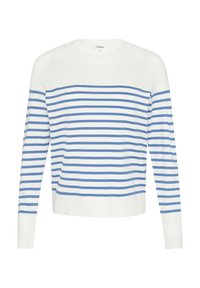 Weißer Pullover mit horizontalen blauen Streifen, Rundhalsausschnitt, langen Ärmeln und gerippten Bündchen sowie Saum. Weicher Strickstoff.