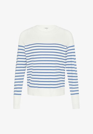 Valkoinen neulepusero, jossa on vaakasuoria sinisiä raidallisia kuvioita, pyöreä pääntie, pitkät hihat sekä joustavat hihansuut ja helma. Pehmeä neulepinta.