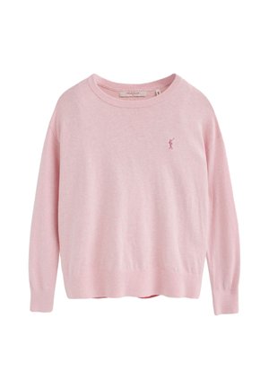 Hellrosa langärmliger Baumwollpullover mit Rundhalsausschnitt und kleinem besticktem Logo eines Polo-Spielers auf der linken Brust.