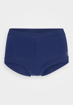 Pantalones interiores boyshort azul marinho em tecido suave com um cós liso e design ajustado. Apresenta um logótipo discreto na lateral.