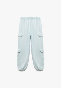 Ljusblå cargo-byxor i lätt material, med elastisk midja, elastiska ärmslut och tre fickor på sidorna.