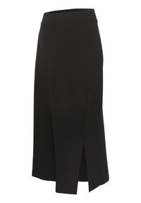 Schwarzer knielanger Rock mit seitlichem Schlitz, aus glattem Stoff, mit tailliertem Bund und minimalistischem Design.