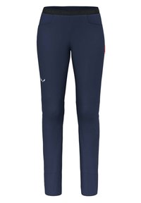 Tmavě modré outdoorové kalhoty z pružné látky, vybavené vysokým pasem, dvěma předními kapsami a decentními logy.