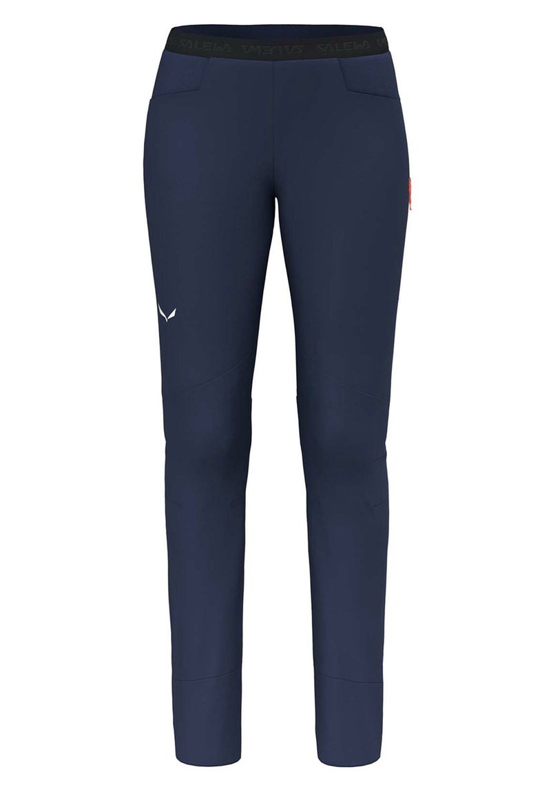 Tmavě modré outdoorové kalhoty z pružné látky, vybavené vysokým pasem, dvěma předními kapsami a decentními logy.
