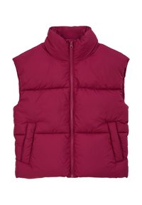 Bordeauxfarbene, ärmellose Steppweste mit hohem Kragen, Frontreißverschluss und zwei Seitentaschen. Bietet wattierte Polsterung zur Isolierung.