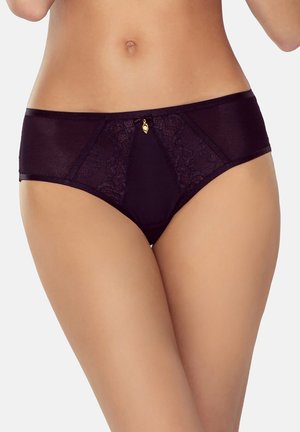 Black underwear featuring a lace front panel, smooth waistband, and a small gold accent at the center. Textured fabric with a sheer design.