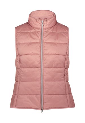 Gilet rosa imbottito senza maniche con colletto alto, cuciture a zigzag e zip frontale. Realizzato in materiale liscio e leggero.