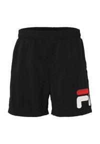 Svarta träningsshorts med resårmidja, med en framträdande röd och vit logotyp på högra sidan. Lättviktig tyg, avslappnad passform.