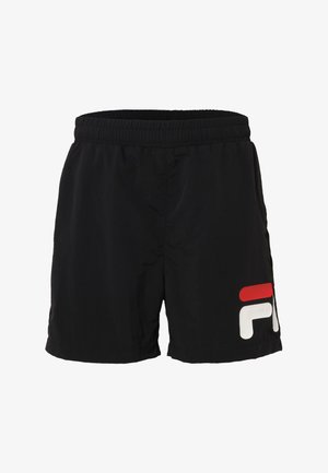 Svarta träningsshorts med resårmidja, med en framträdande röd och vit logotyp på högra sidan. Lättviktig tyg, avslappnad passform.