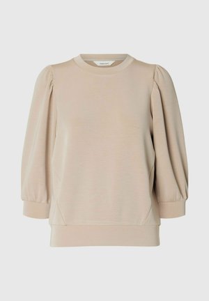 Sudadera beige tipo jersey con mangas abullonadas recogidas, escote redondo y textura suave. Presenta un ajuste ligeramente holgado y dobladillo acanalado.